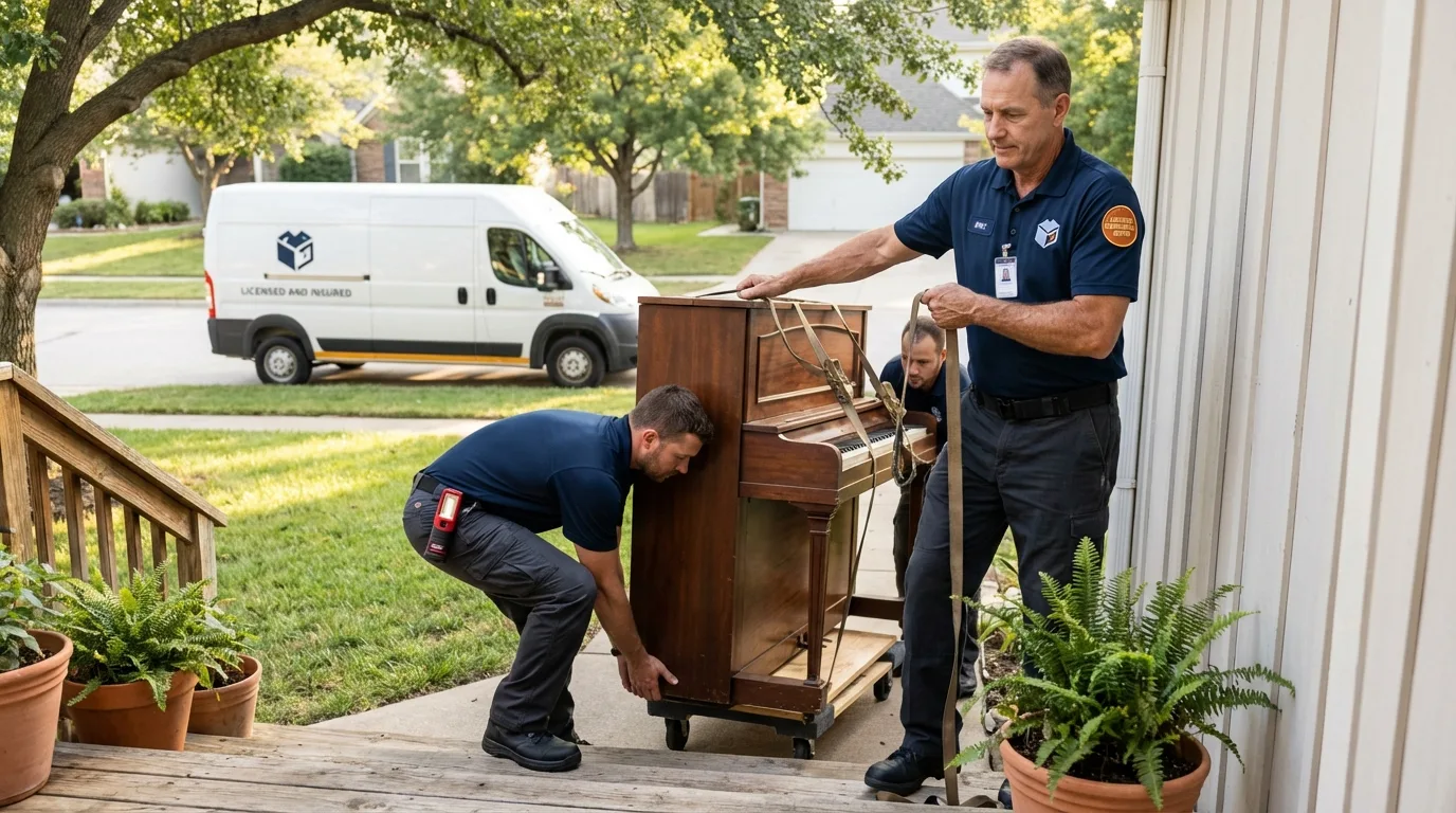 Licensed piano movers securing grand piano in Beach Haven, NJ