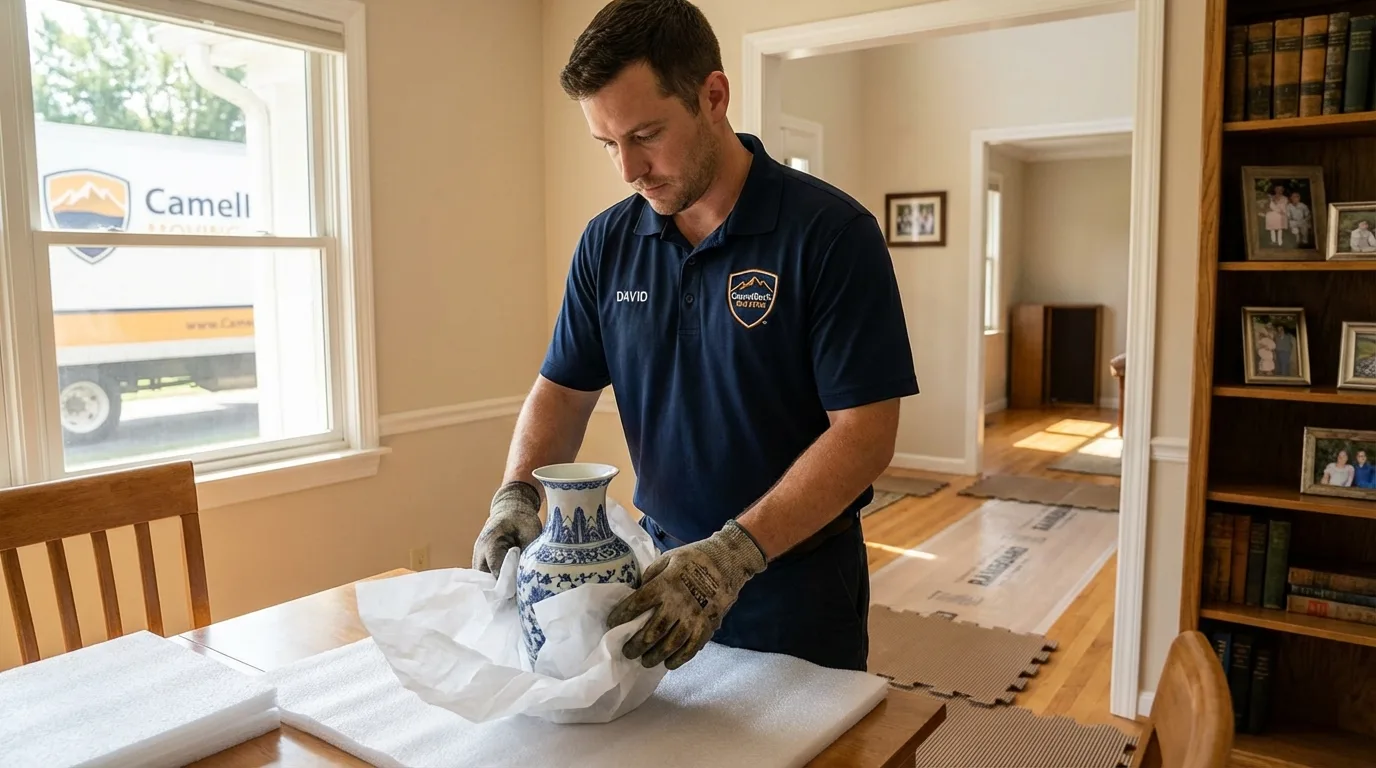 Professional crew carefully wrapping antique vase for senior downsizing move in Beach Haven, NJ